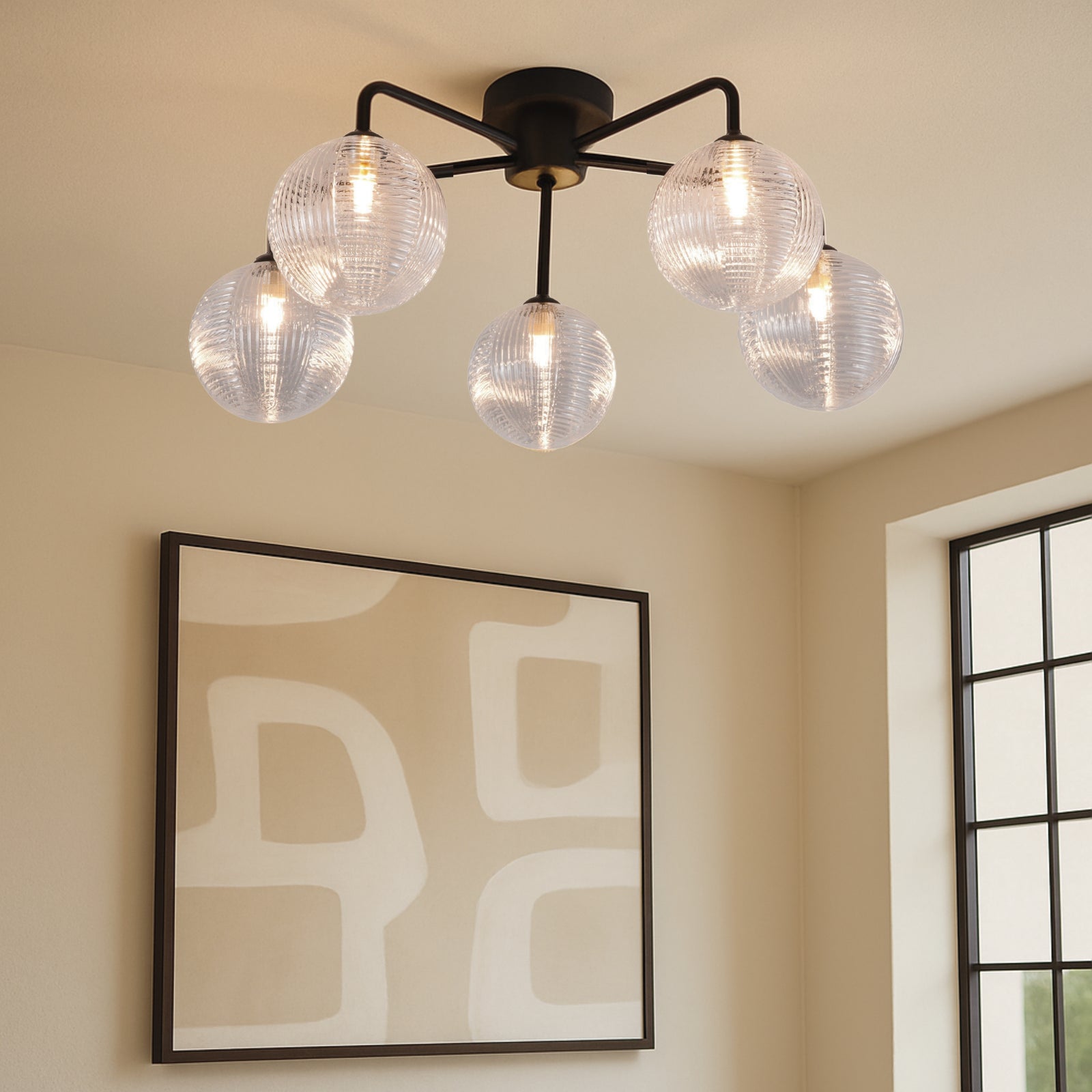 Albany 5 light black semi flush ceiling light with clear ribbed glass globes