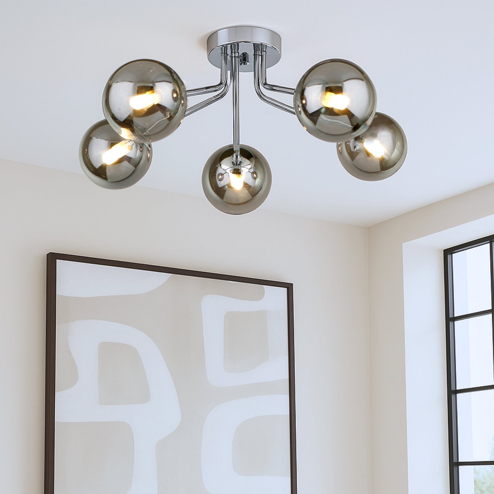 Modern Melbourne 5 light flush ceiling light with smoked glass globes and chrome finish, contemporary designer lighting for living rooms and hallways