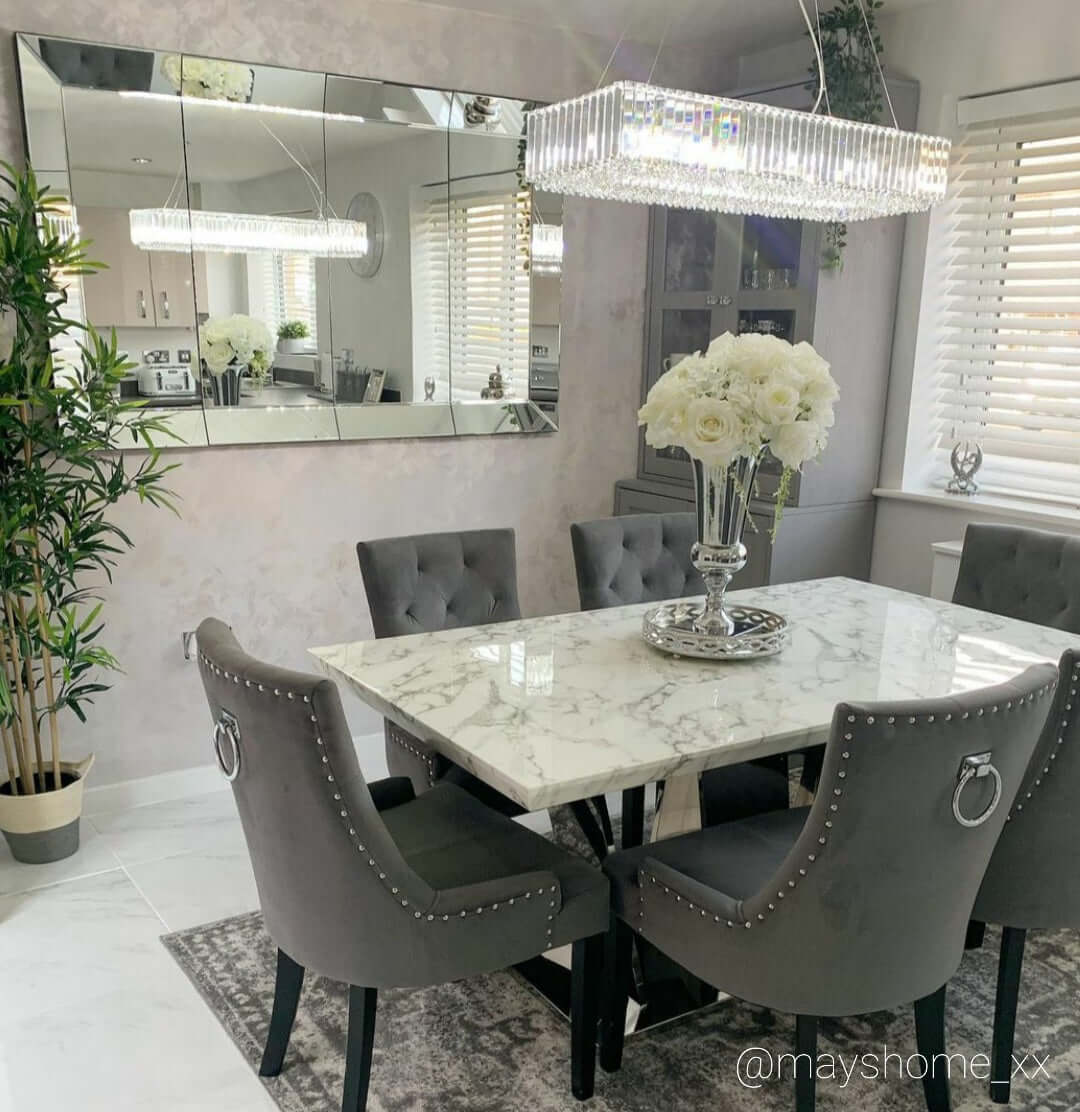 Salzburg rectangular kitchen island chandelier in polished chrome with crystal glass blocks and buttons, luxury pendant bar ceiling light.
