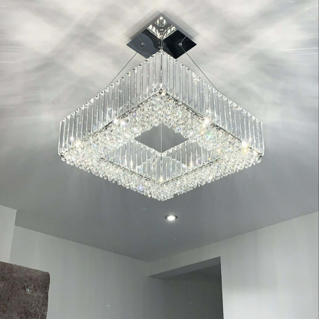 Salzburg small square chandelier pendant in polished chrome with crystal glass blocks and button detailing, luxury modern ceiling light.
