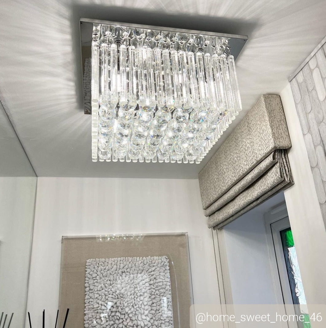 Modern Square Silver Crystal Flush Ceiling Chandelier Light