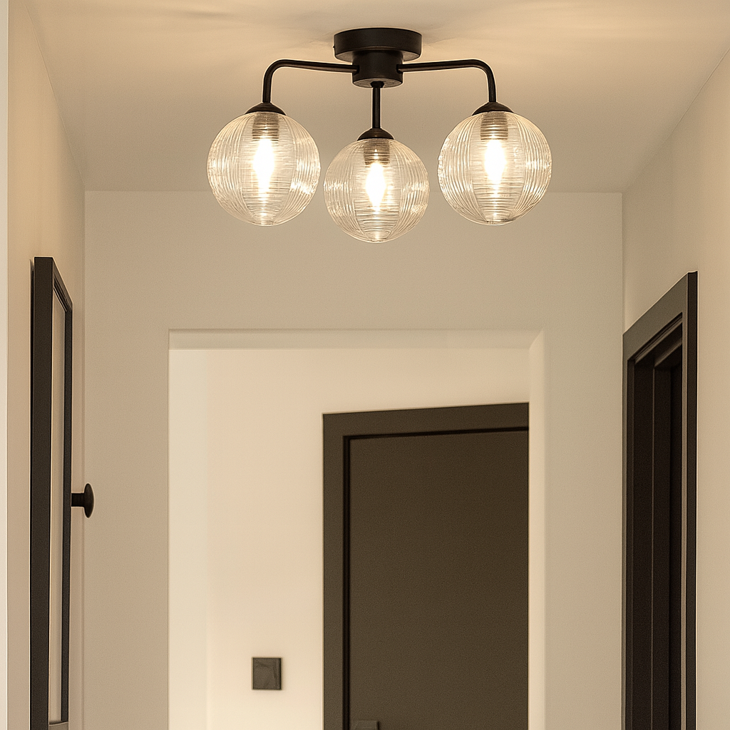 Albany 3 Light Black ceiling fixture with ribbed glass globes in a modern hallway with black accents.