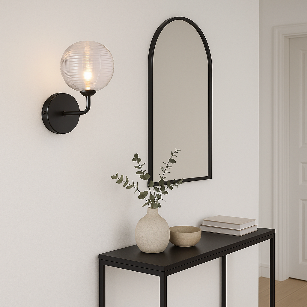 Black ribbed glass wall sconce