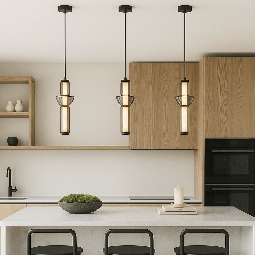 Three Antwerp pendant lights fixed to ceiling above marble island in Nordic kitchen