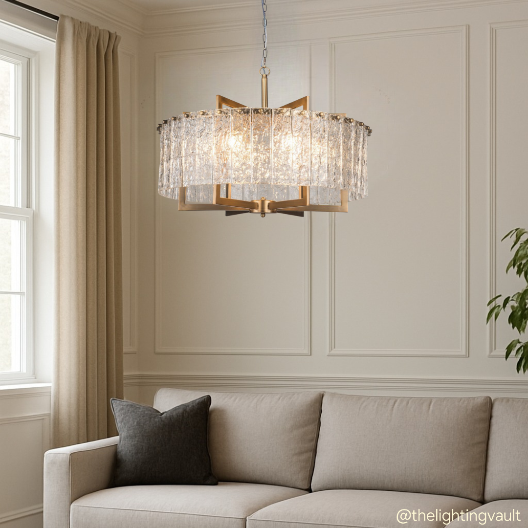 Ariana chandelier in polished bronze finish with layered textured glass shards, luxury statement ceiling light.