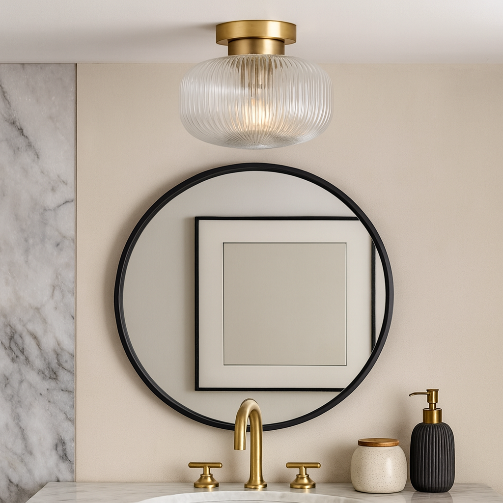 Arlo brass flush ceiling light with ribbed clear glass shade in a luxury bathroom, styled with brass tap, round mirror, and marble vanity.