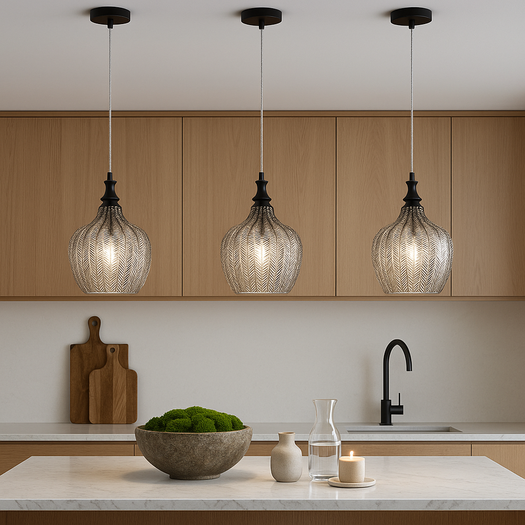 Bedford smoked glass 3 light pendant above modern kitchen island