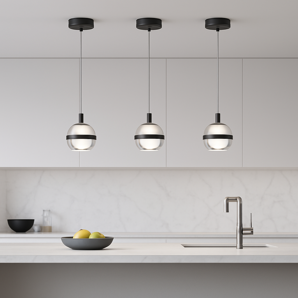Modern black 3 light glass globe pendant bar above a white marble kitchen island with crisp minimal cabinetry