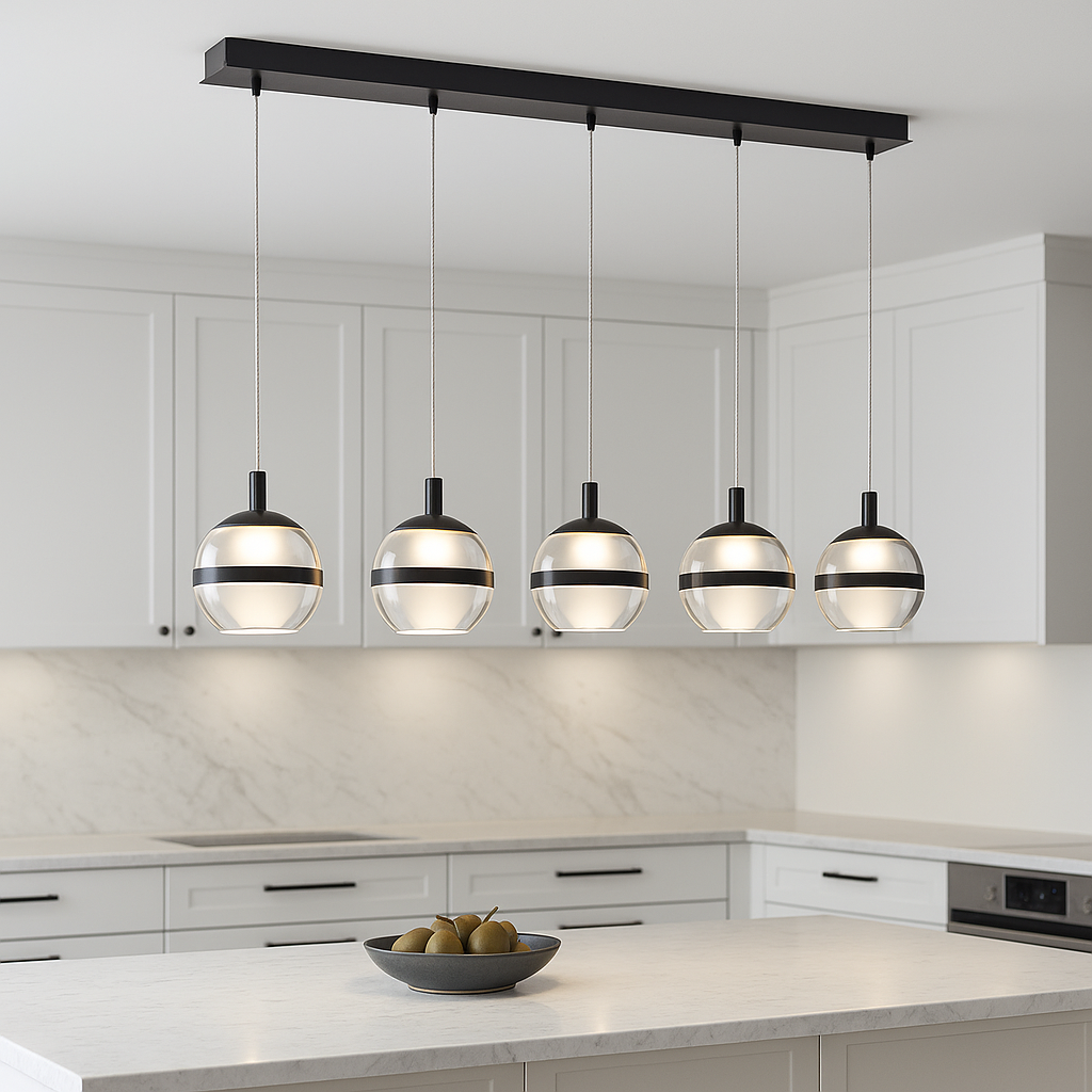 Black 5 light glass globe pendant bar above modern kitchen island