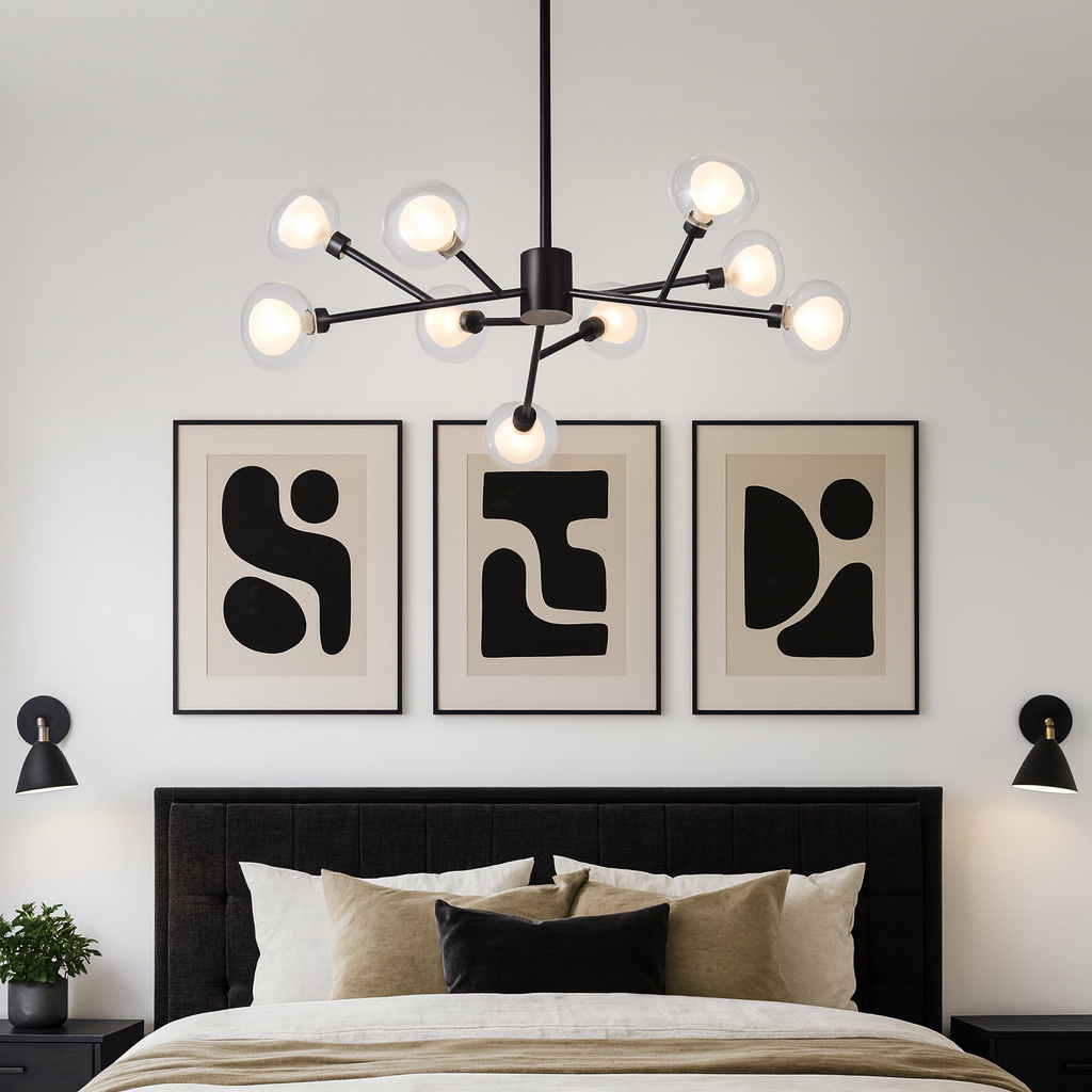 Luxury modern bedroom with black 9-light chandelier, three evenly spaced abstract wall art pieces, neutral bedding, and black accent highlights.