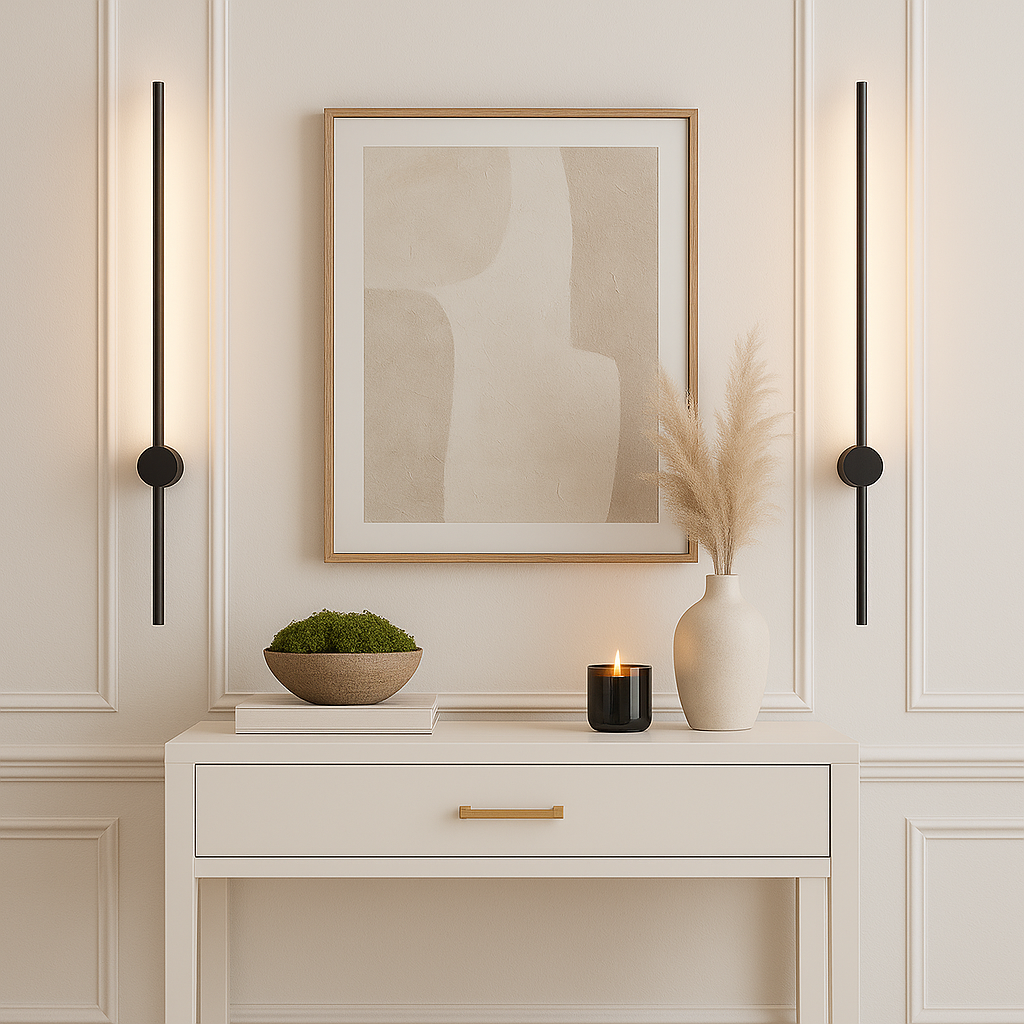 Pair of black 90cm wall lights in a luxury hallway with white console and artwork.