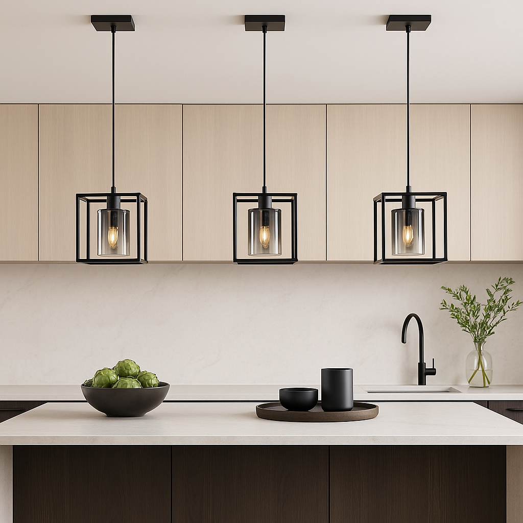 Set of three black cube pendant lights with smoked glass shades hanging evenly above a modern Scandi kitchen island with light wood and black accents.