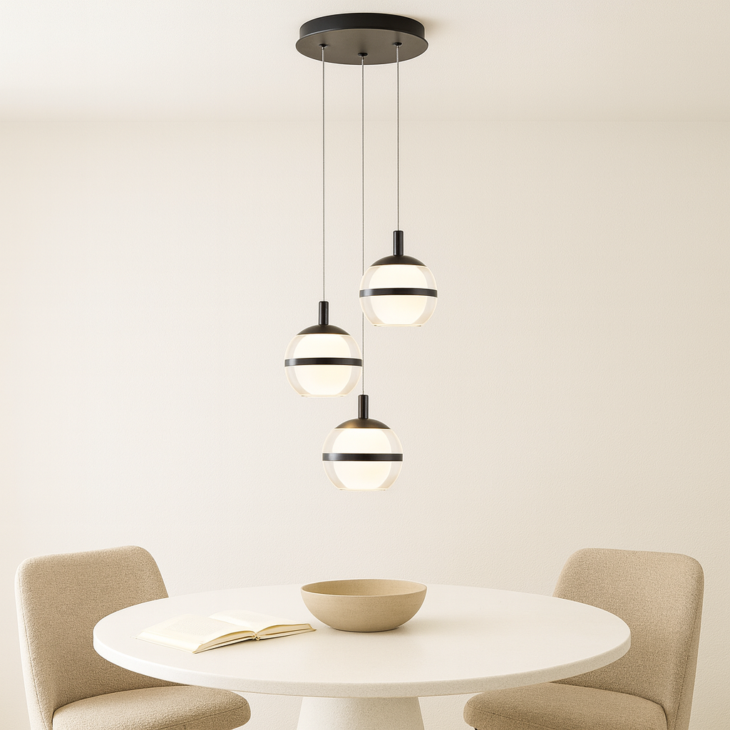 Black 3-light globe pendant above round dining table with neutral chairs.