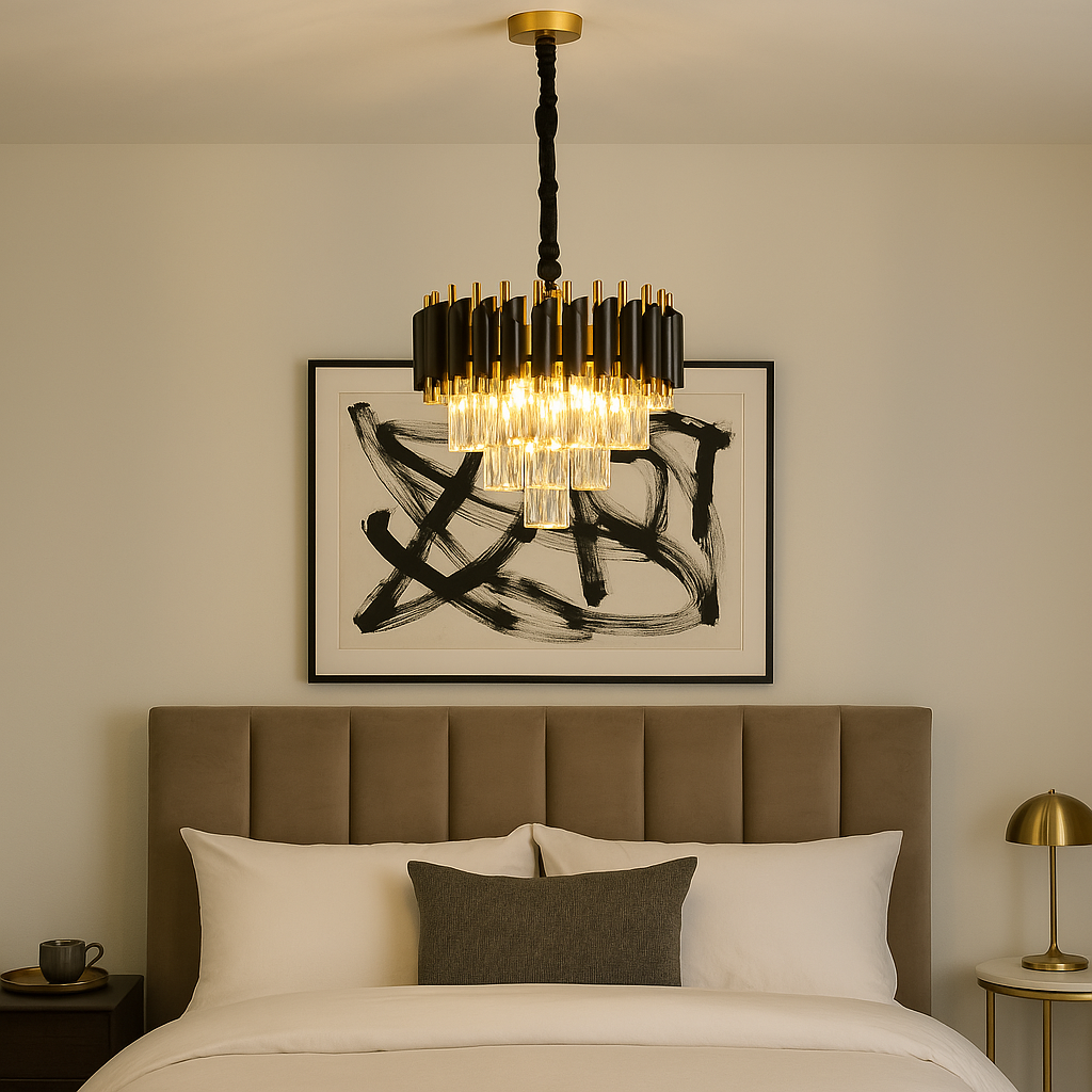 Black and gold crystal chandelier hanging above a modern bed with neutral bedding, styled with abstract artwork on the wall for a luxury bedroom look.