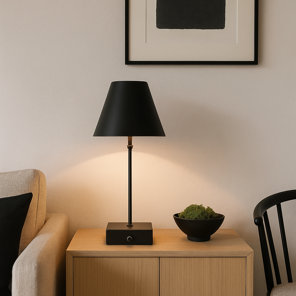 Nordic style living room with black table lamp and small black bowl filled with moss on a light oak sideboard