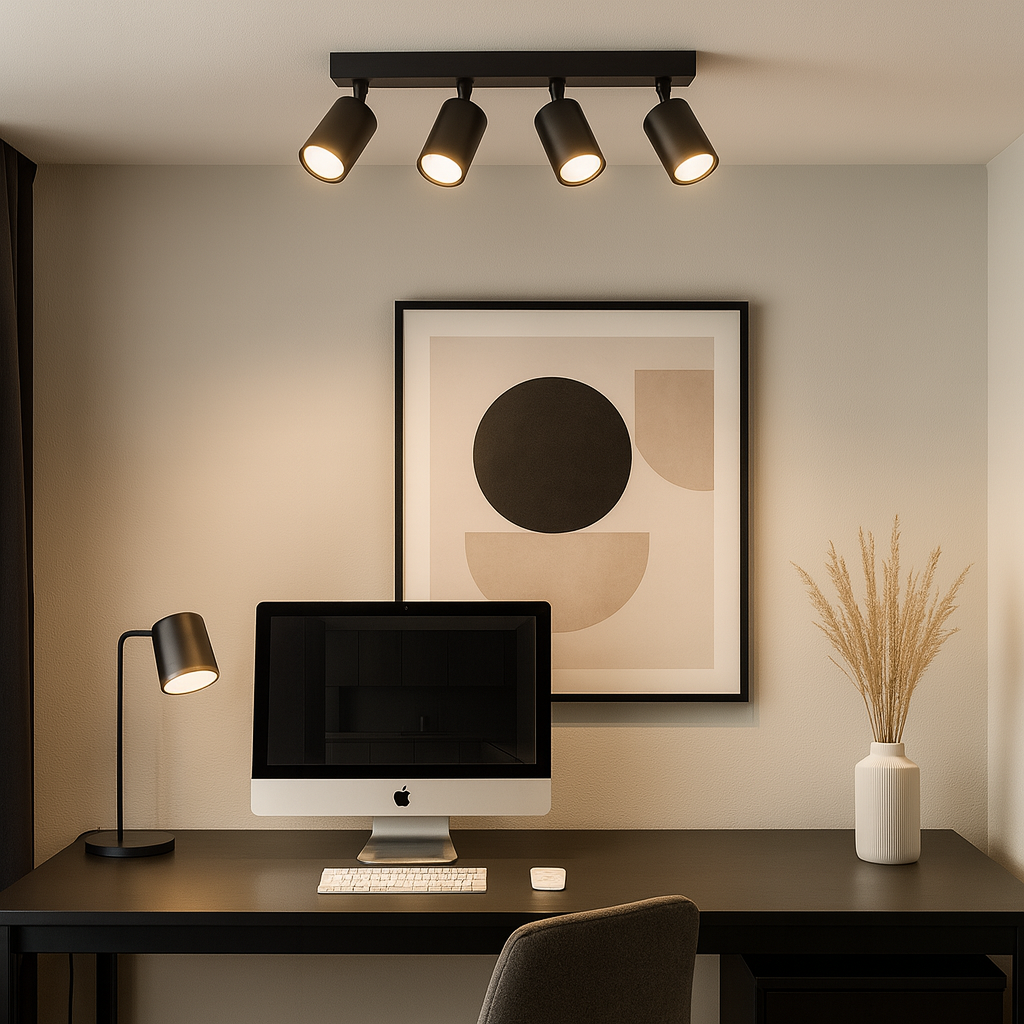Modern black 4-light spotlight bar mounted on ceiling in a minimalist home office setting.