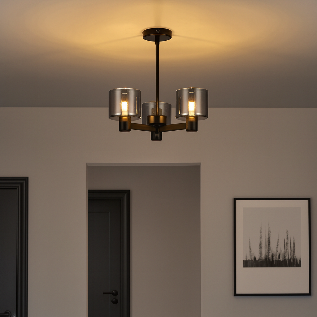 Byron 3 light pendant with smoked glass shades styled in a modern hallway with black accents