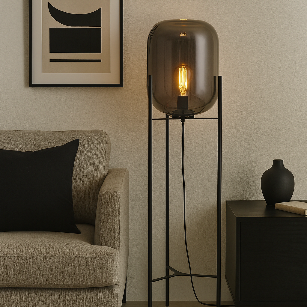 Modern living room with Camden smoked glass floor lamp 118cm tall and black accents beside a neutral sofa