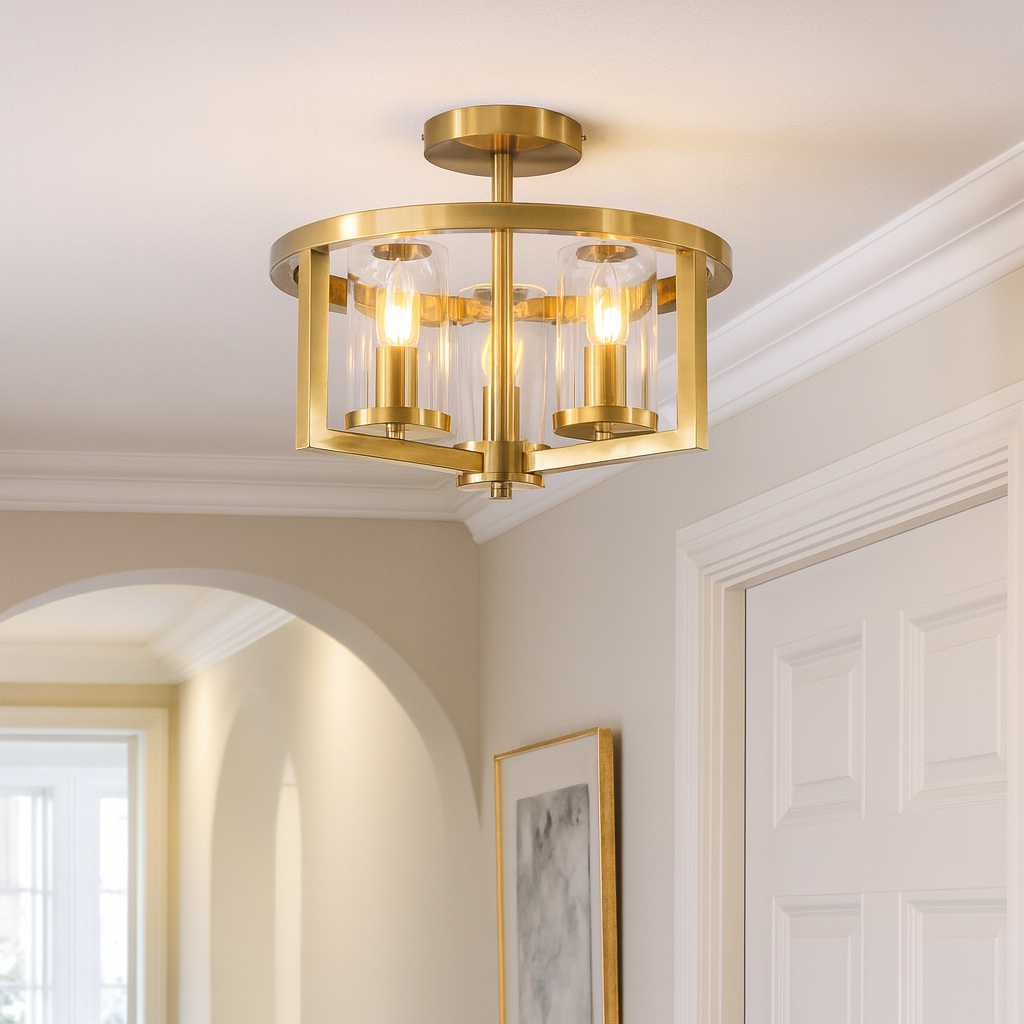 Caria bronze flush ceiling light with clear glass shades in a luxury hallway, styled with archway, artwork, and soft neutral décor.