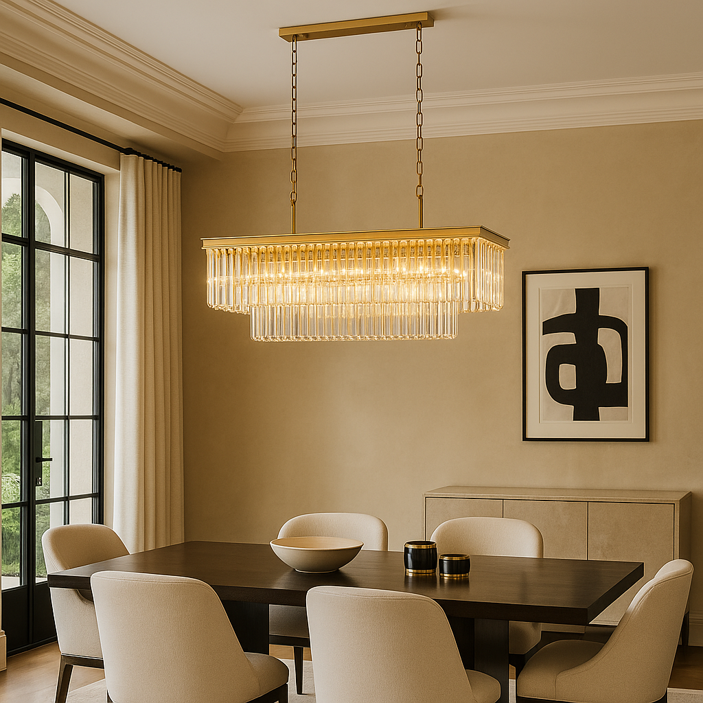 Luxury home dining room with Carolina gold rectangular crystal pendant chandelier above a dark wood dining table, cream chairs, and modern deco