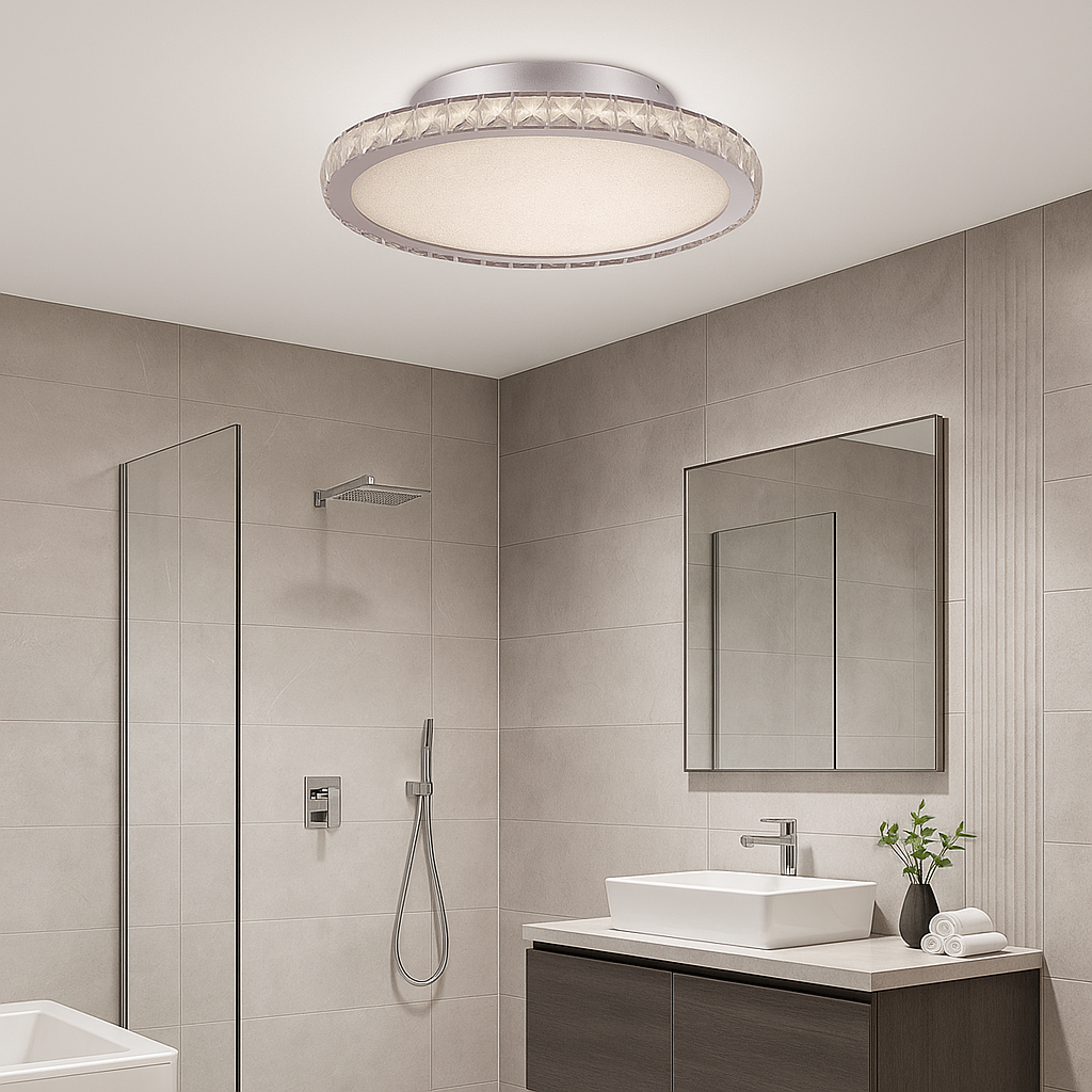 Charleville large crystal flush bathroom ceiling light in modern luxury bathroom, IP44 rated