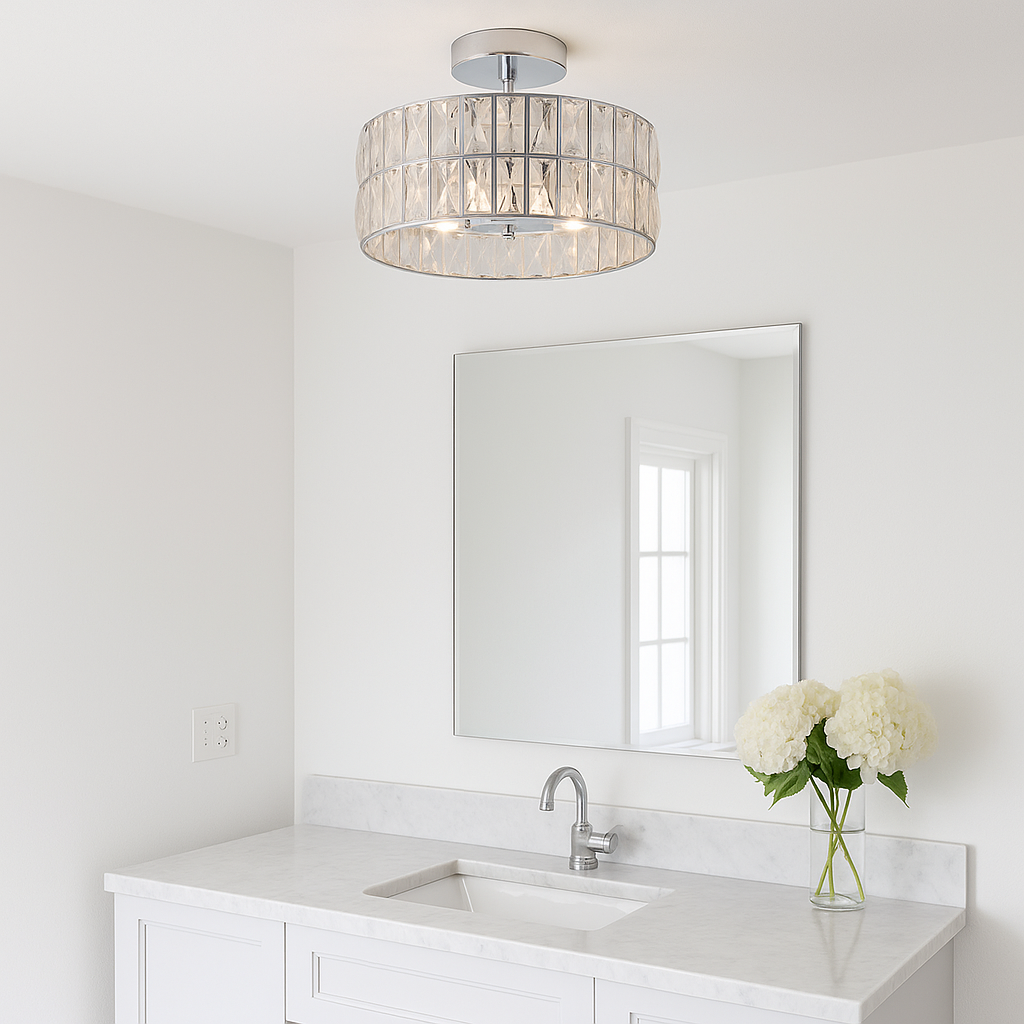 Crystal drum flush ceiling light with chrome frame in a bright bathroom with white walls, marble vanity and mirror