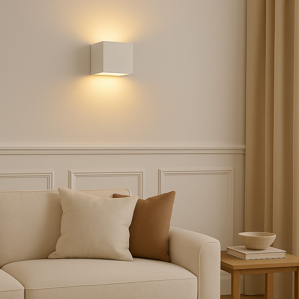Cube ceramic wall light glowing softly above a neutral sofa in a luxury living room with white panelled walls, natural curtains, and Scandi-inspired styling