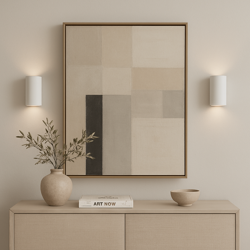 Pair of Denham ceramic wall lights beside modern abstract artwork with styled cabinet accessories