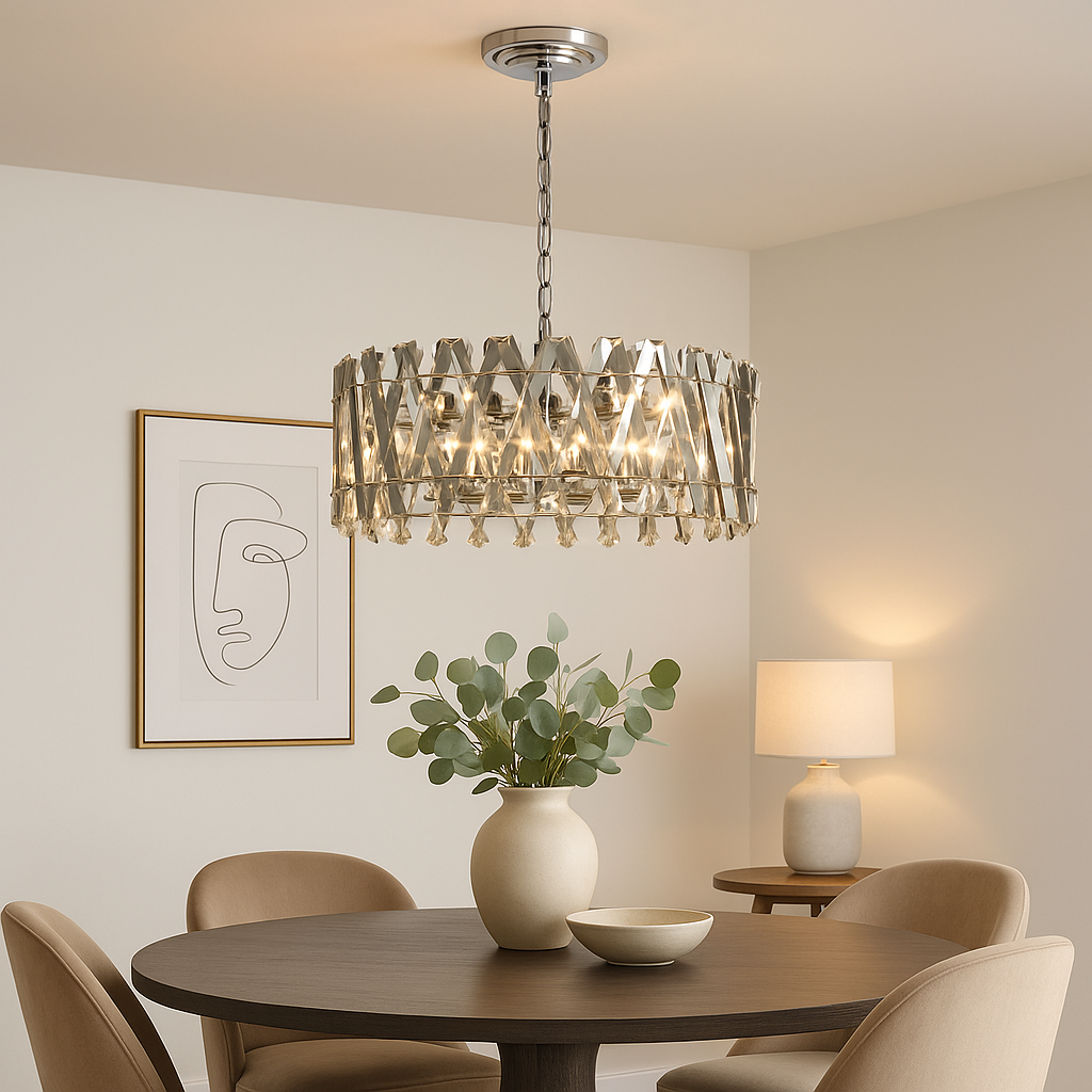 Devonport large clear crystal chandelier over dining table