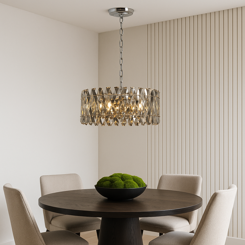 Devonport smoked crystal chandelier above round dining table
