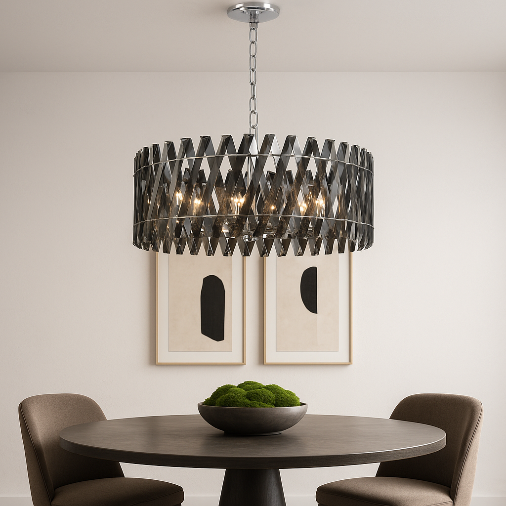 Devonport XL smoked crystal chandelier in chrome frame, 65cm wide, hanging above a round dining table in a modern luxury living space.