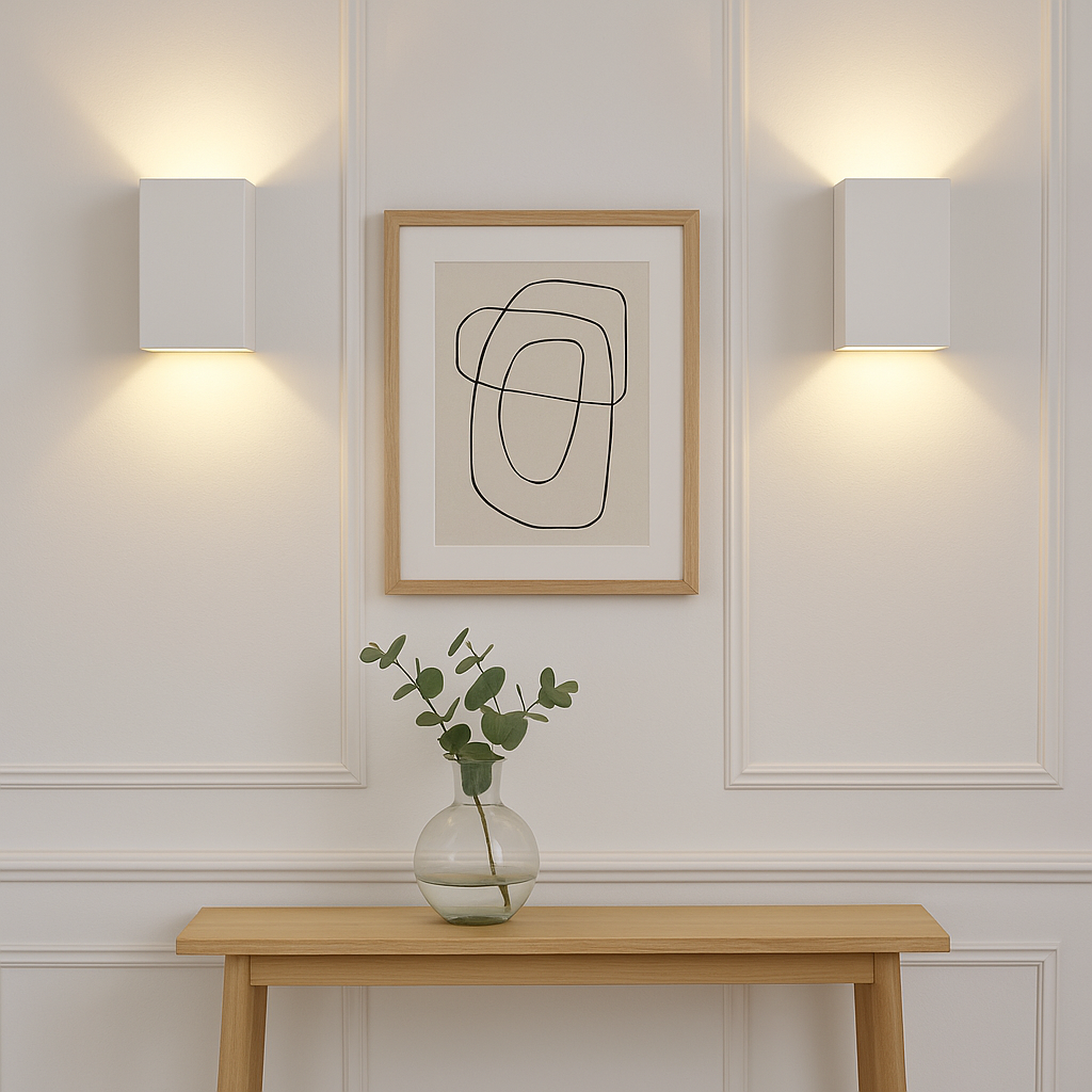 Pair of Dover white ceramic wall lights on a white panelled hallway wall with warm glow,