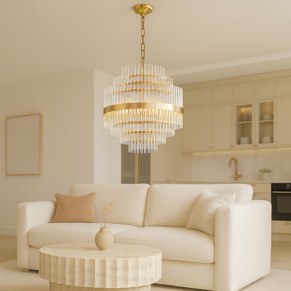 Modern tiered chandelier with gold frame