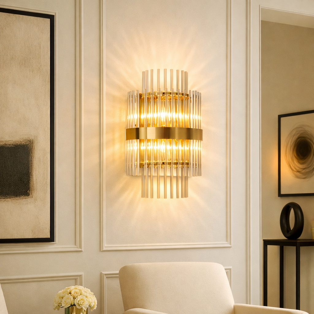 Euston glass brass wall light modern panelled wall