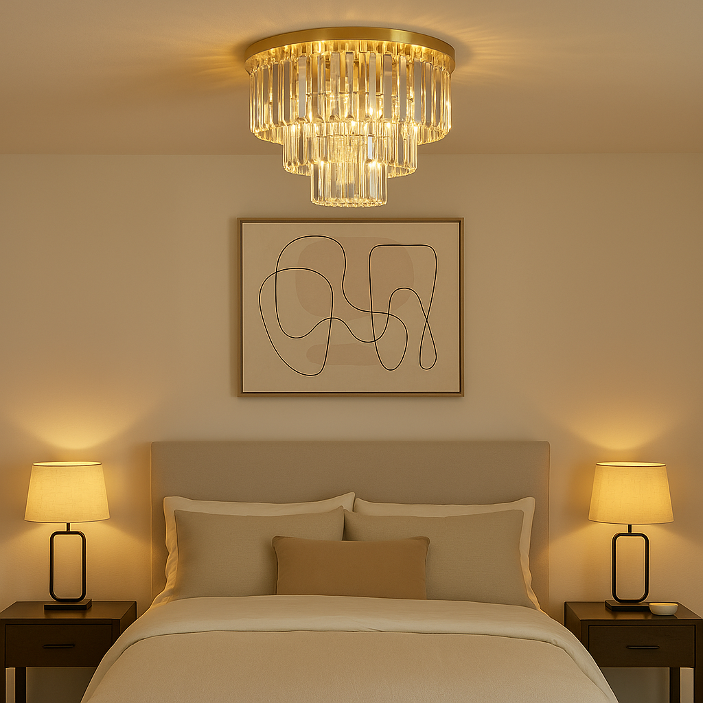Fermo gold crystal flush light styled in a luxury bedroom with neutral bedding, abstract artwork, and black frame bedside lamps softly glowing.