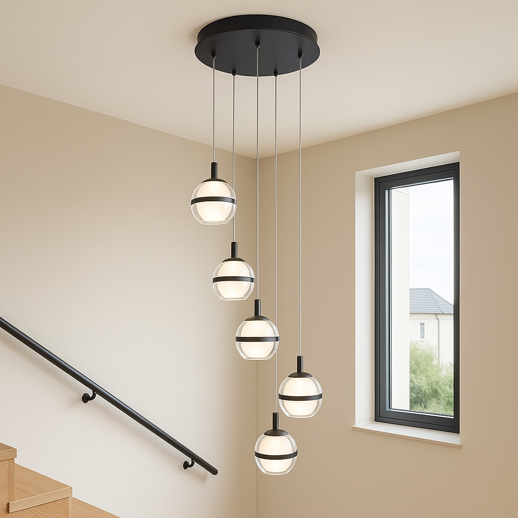 Forbes black 5 light pendant over staircase