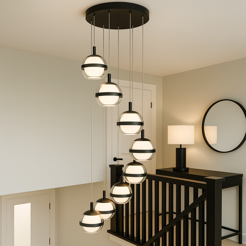Forbes black 8 light pendant staircase lighting