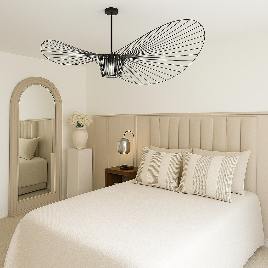 Gia XL Nordic pendant light styled in a luxury bedroom with oversized black fabric frame and soft modern ambience.