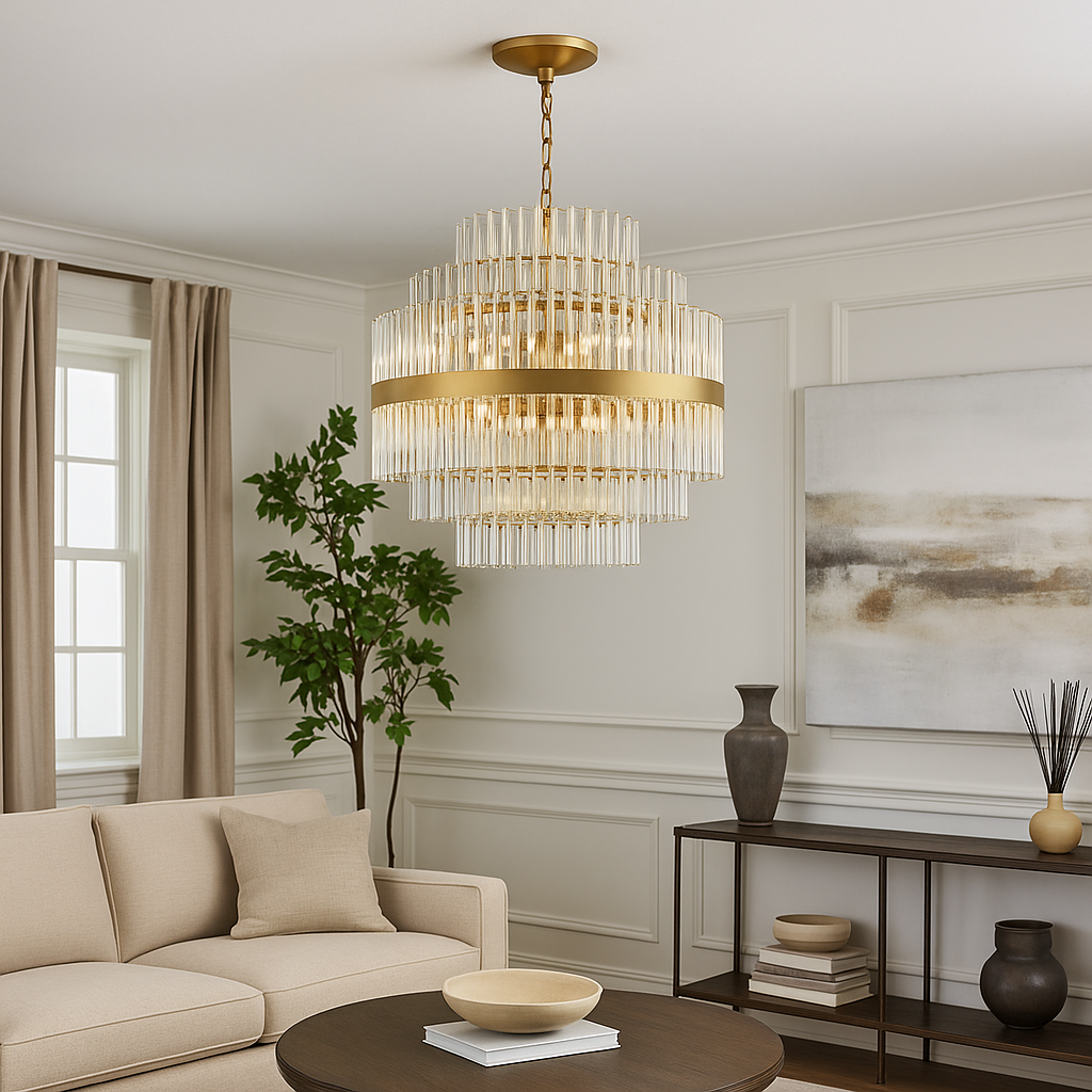 Gold crystal chandelier in luxury living room with sofa and artwork