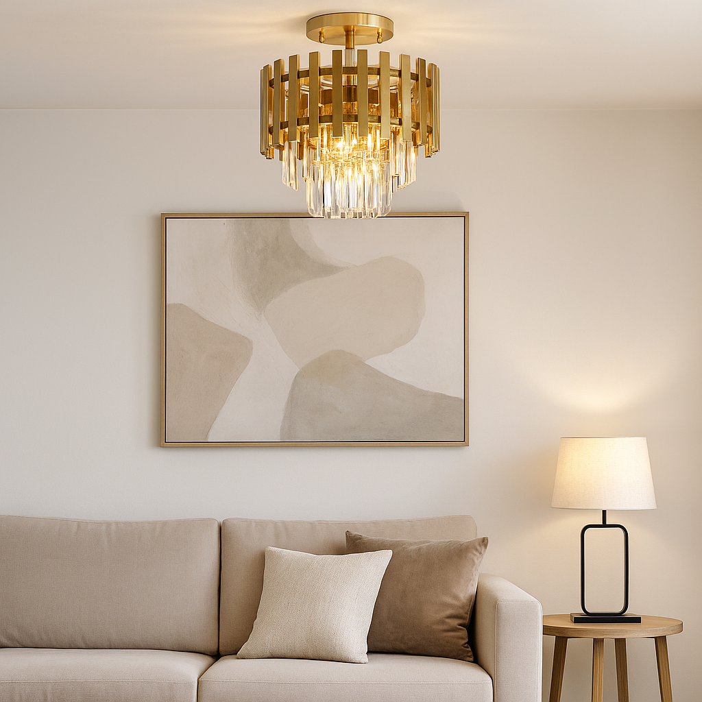 Gold crystal chandelier light in a modern Scandi living room with beige sofa and abstract wall art.