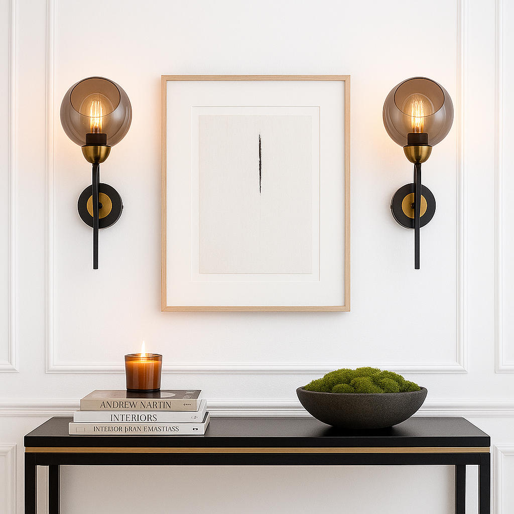 grafton-wall-light-smoked-glass-brass-black-console-styling-books-luxury-candle