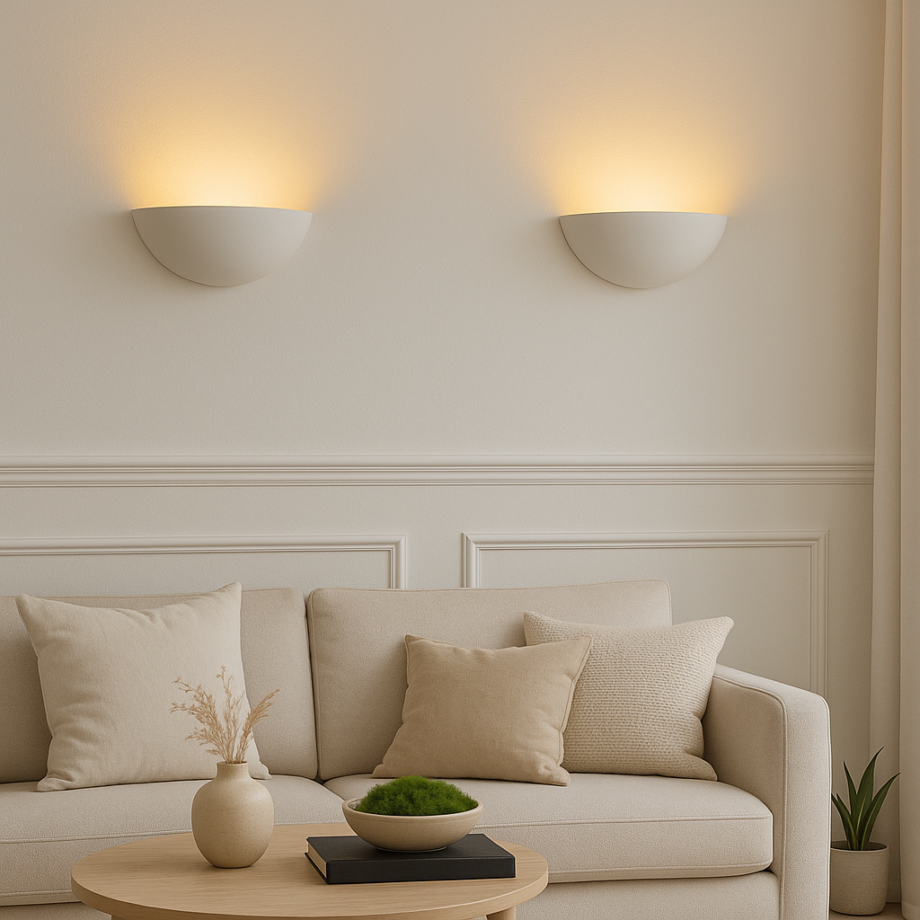 Pair of white ceramic half-moon wall lights casting warm glow in a neutral living room with panelled walls, beige sofa, and moss-filled bowl on black styling book