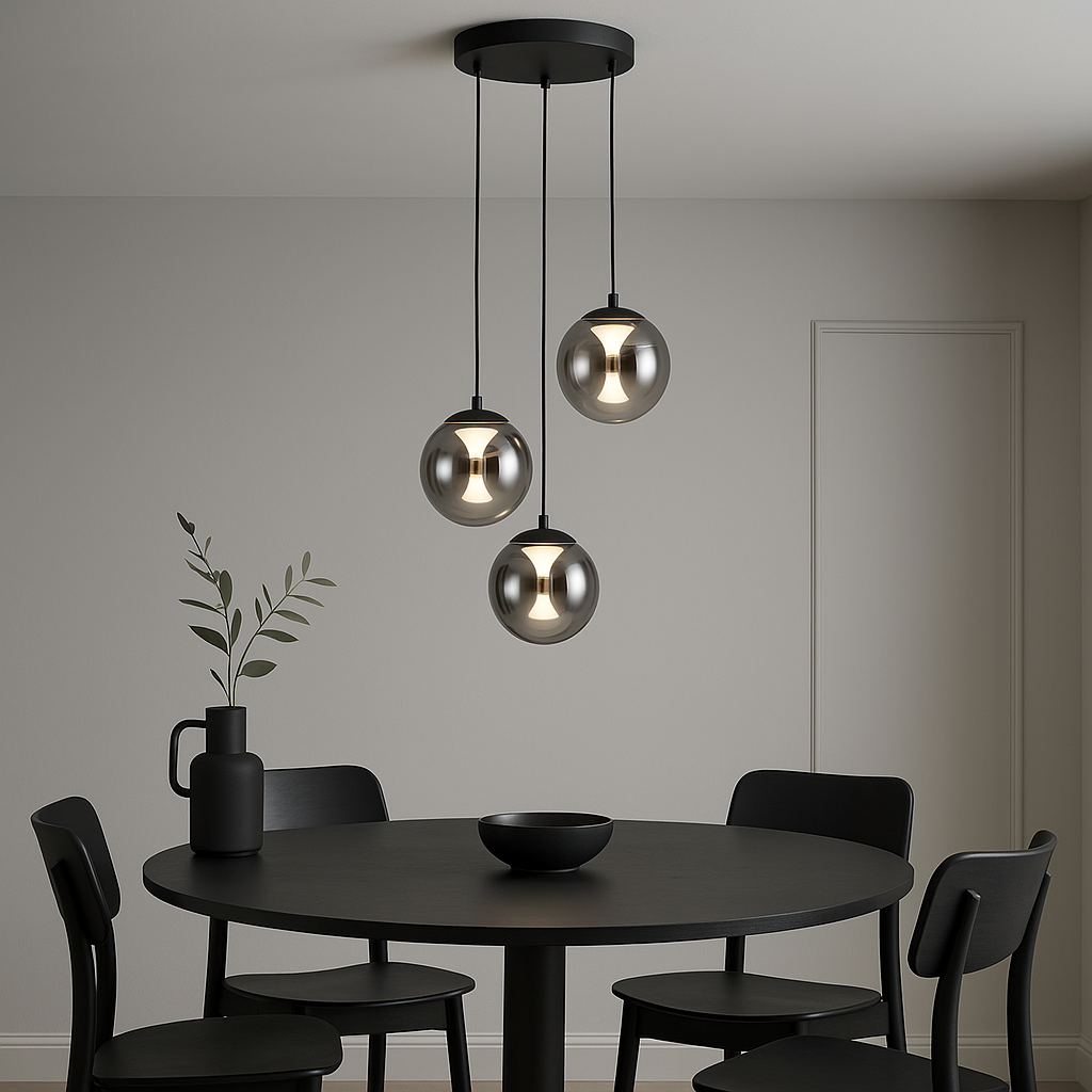 Luxury Havant 3 light smoked glass pendant hanging above a modern round black dining table with matching chairs.