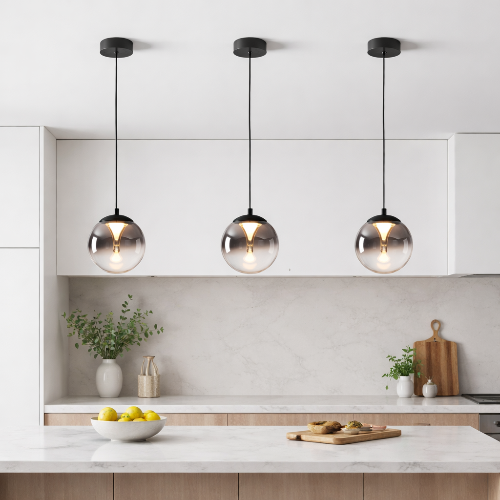 Havant smoked glass pendant lights over kitchen island