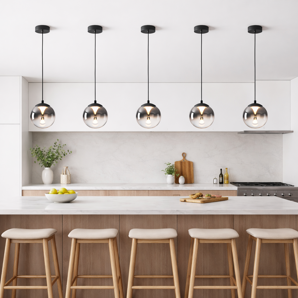 Havant smoked glass pendant lights over kitchen island