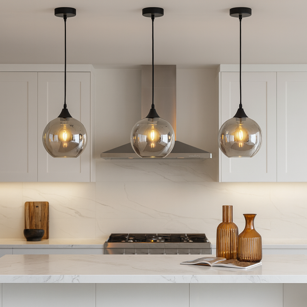 Luxury kitchen with three Irvine single black smoked glass pendant lights hung above a white marble island with modern cabinetry.