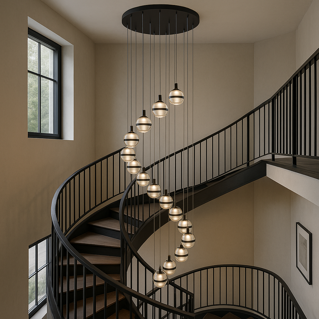 Luxury chandelier with 20 glass ball pendants in the centre of a wraparound stairwell with black highlights