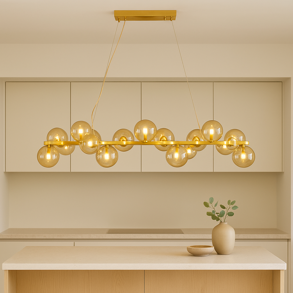 Gold bubble glass pendant bar light styled in a modern Scandi kitchen