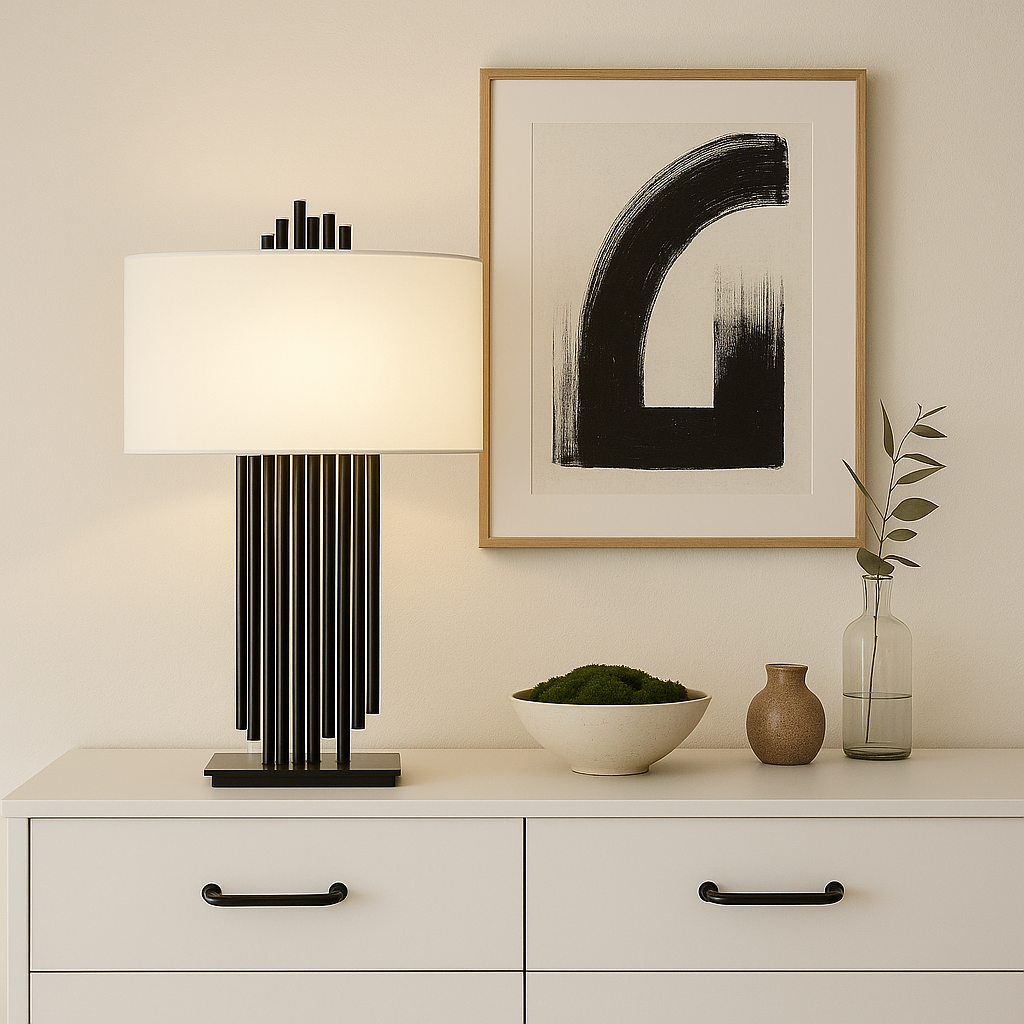 Martina table lamp with black rod base and white shade styled on a white sideboard with monochrome artwork and moss bowl.