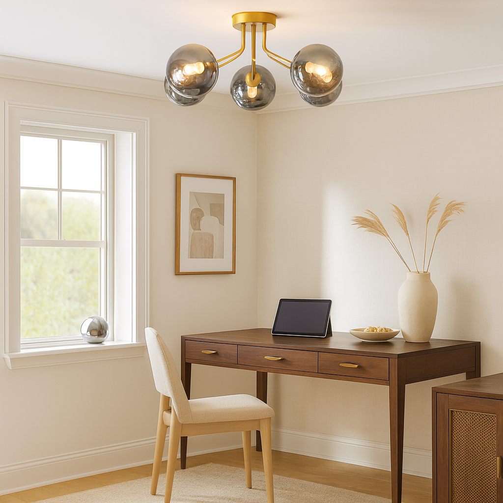 Melbourne gold 5 light semi flush with smoked glass in home office